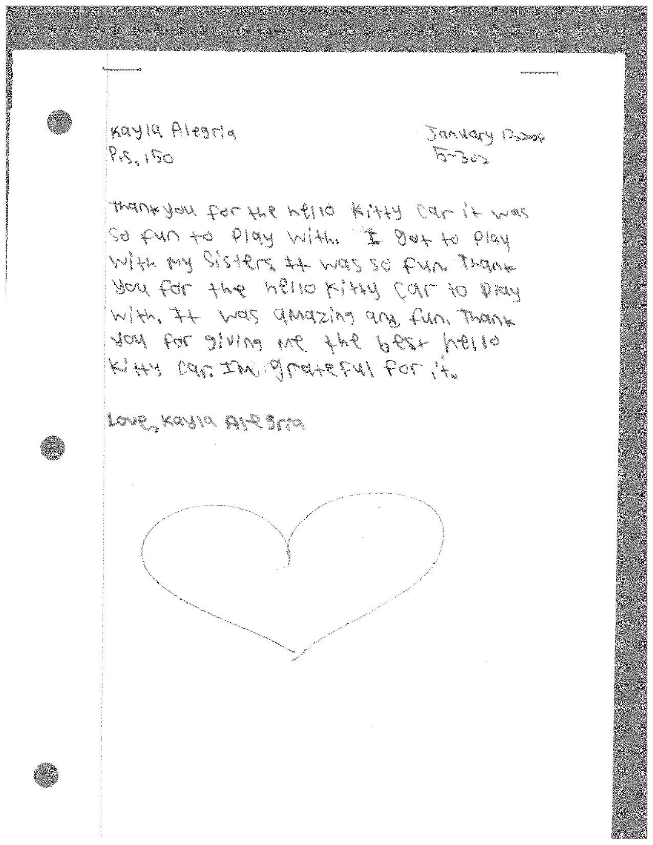 Handwritten letter on lined paper with a heart drawing.