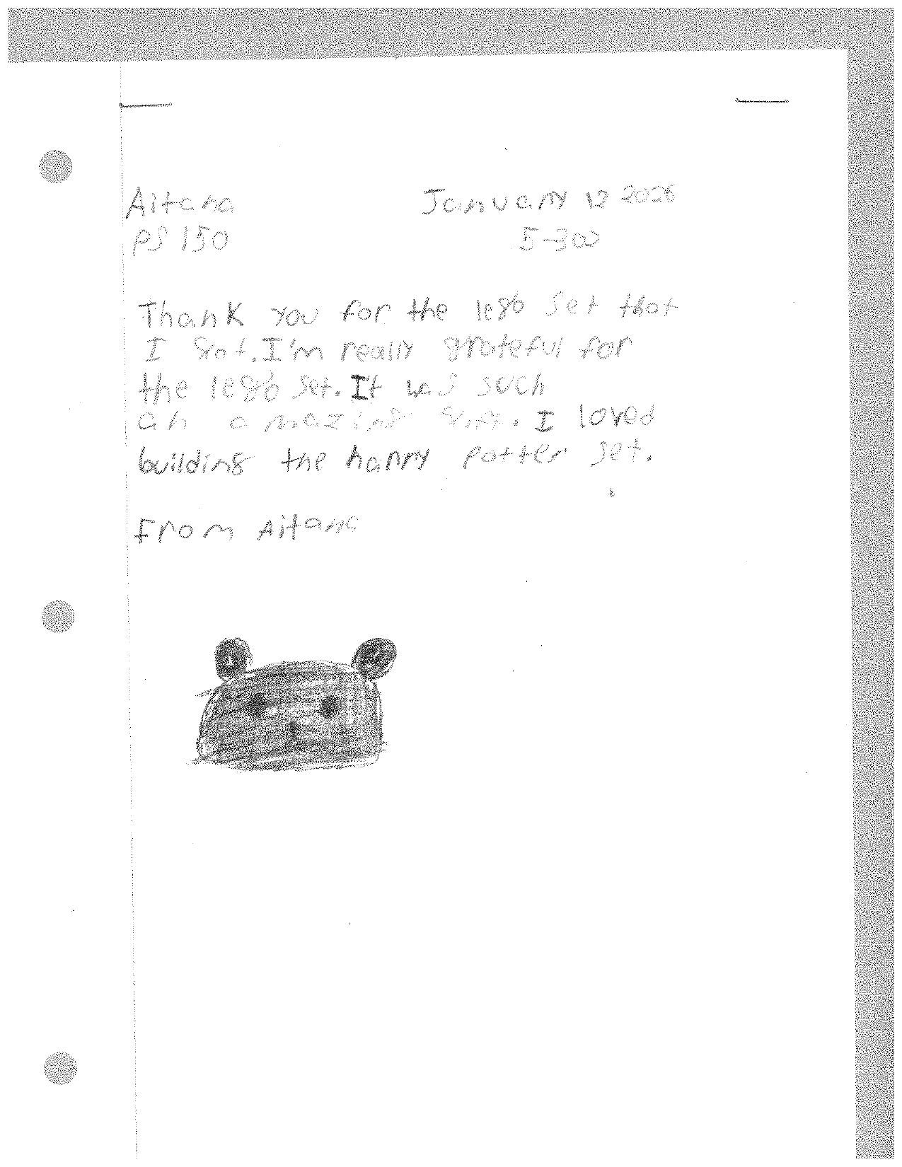 Handwritten thank you note with a small bear drawing.
