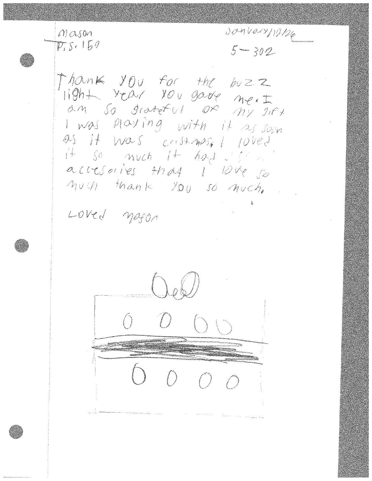 Handwritten thank you note with a drawing of a person and some shapes.
