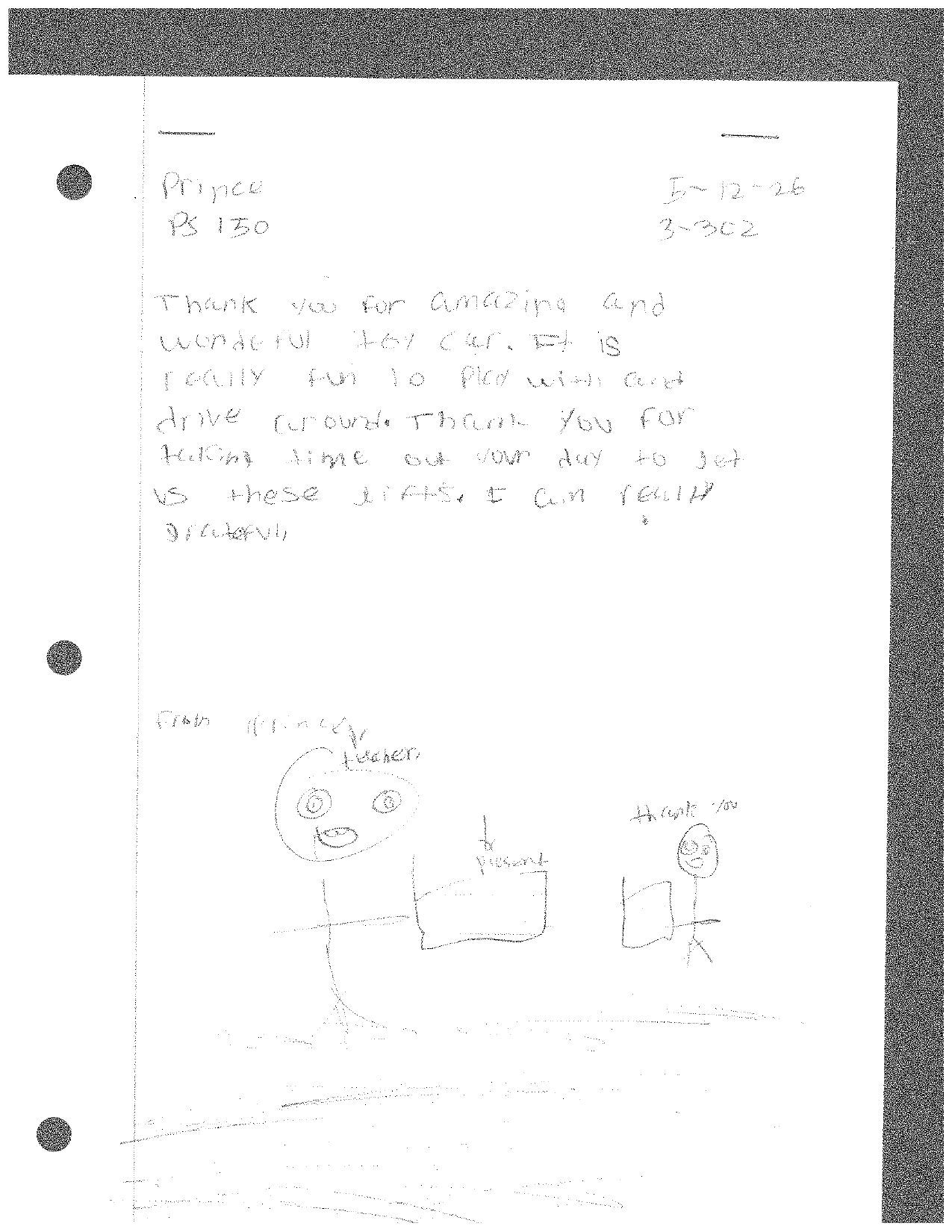 Handwritten page with text and doodles of a stick figure and a round-faced character.