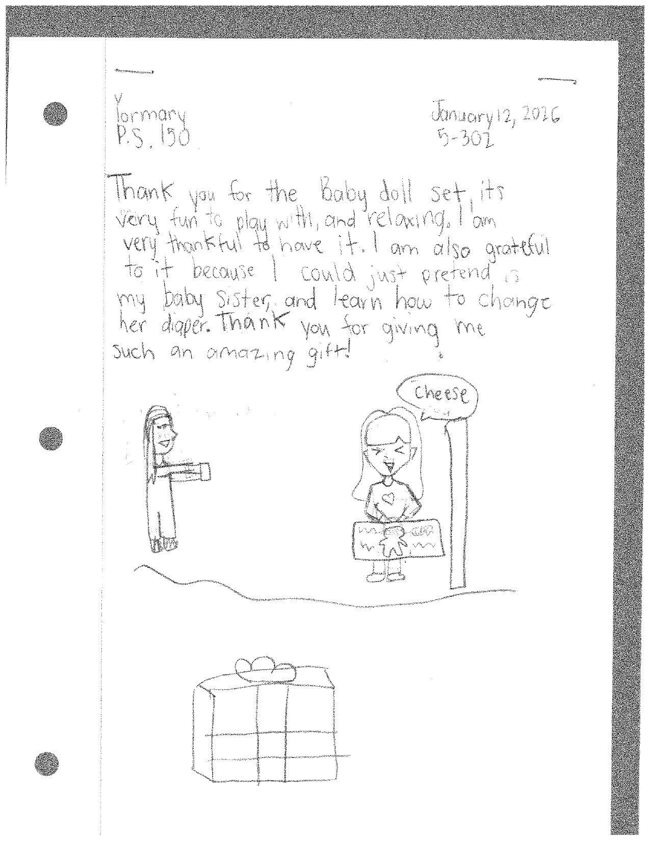 Handwritten letter and cartoon with a gift box. Text thanks someone for help and changing her life.