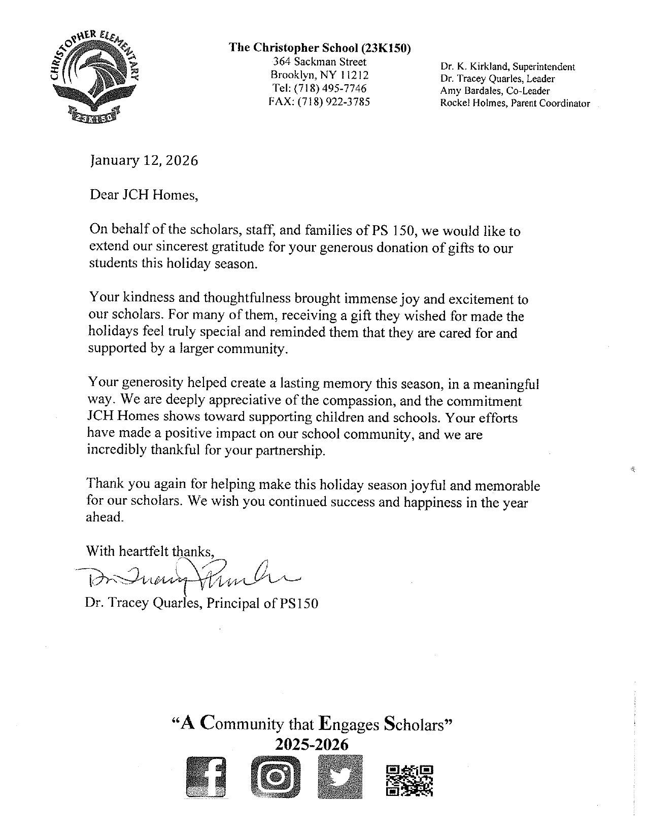 Letter from The Children's School thanking donors for their support, signed by a school administrator.