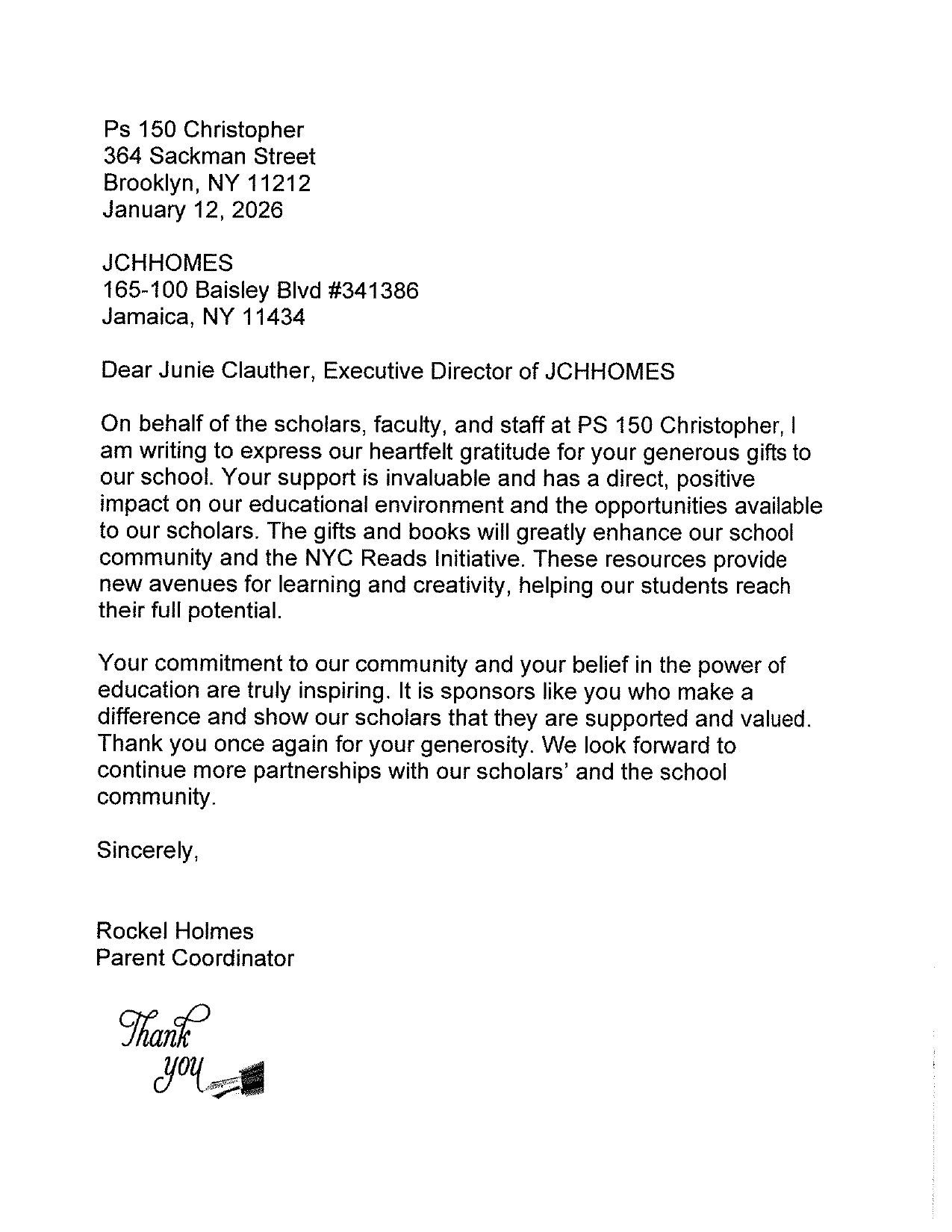 A letter on white paper, addressed to an executive director, thanking them for a donation to a school.