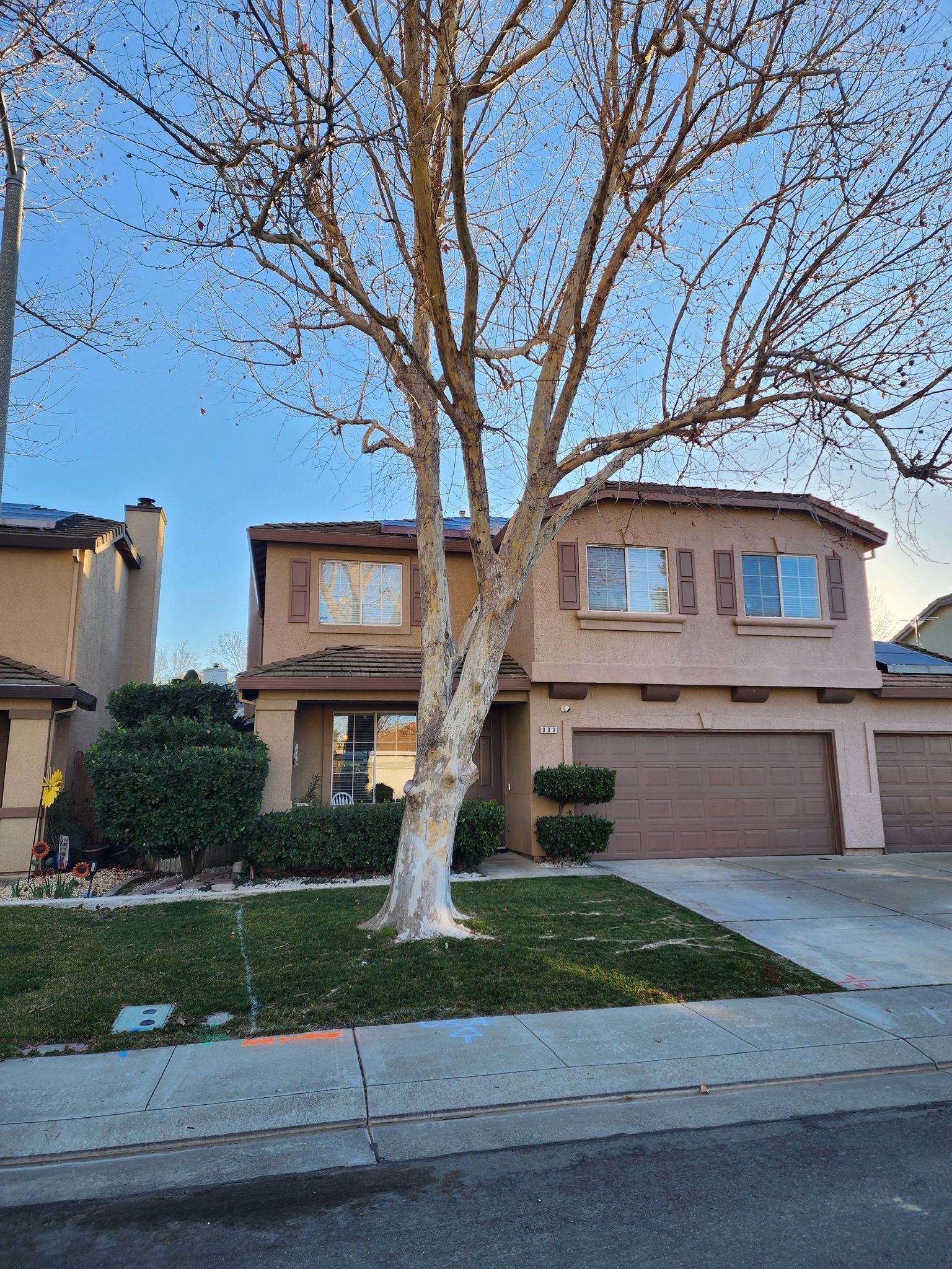 Two-story tan house with tree in front. Green grass and blue sky.