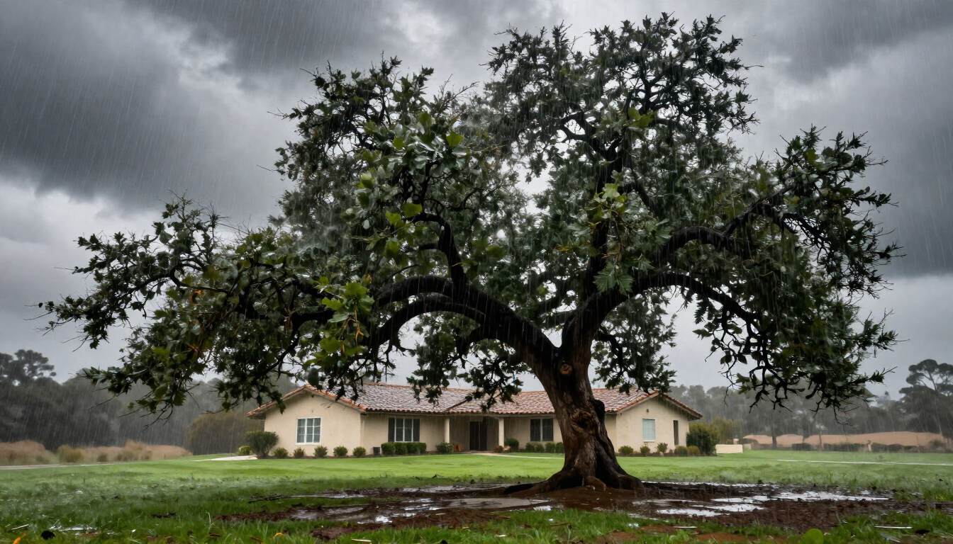 Professional arborist inspecting a tree for storm safety in Woodland, California.