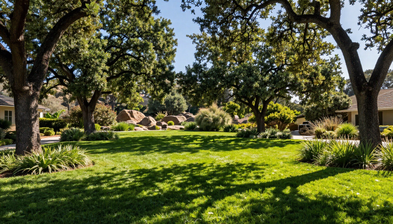 Professionally maintained trees in a Woodland, CA backyard during a sunny day.