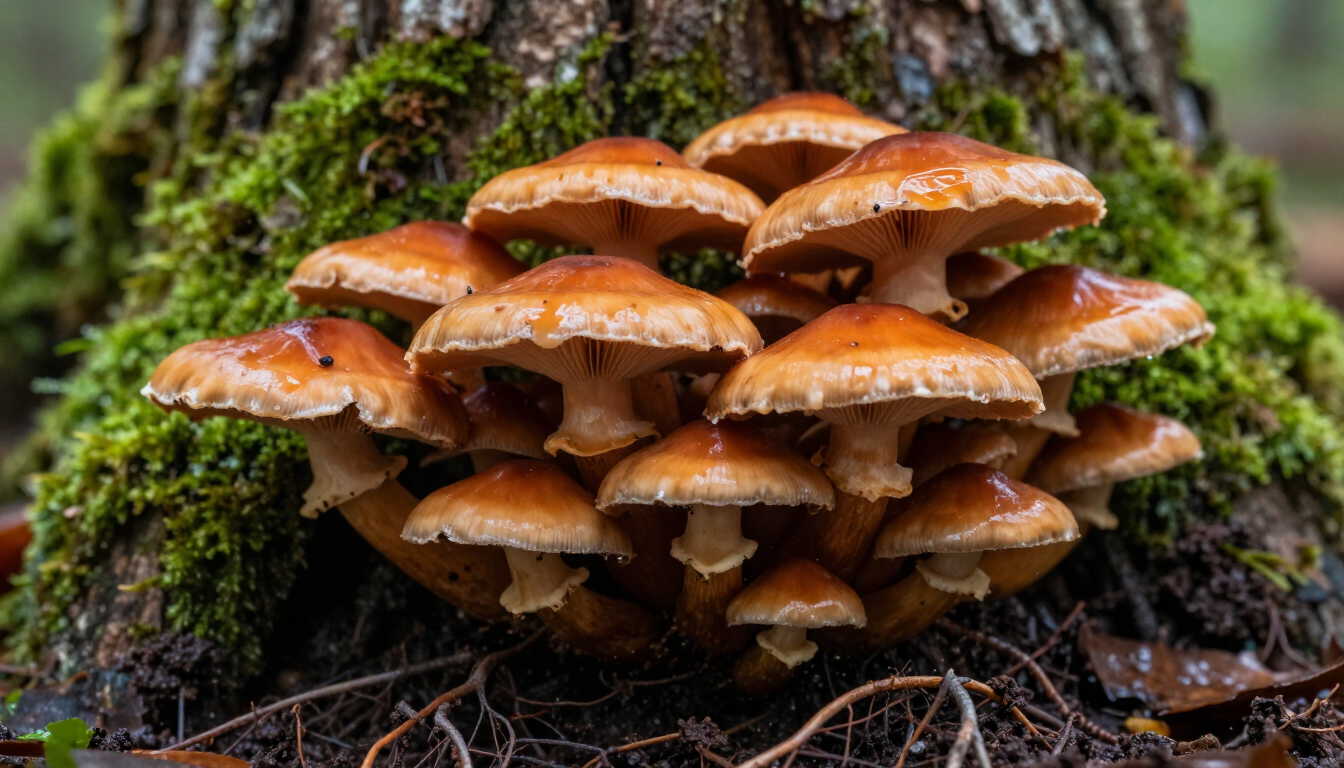 Close up of mushrooms and fungi growing at the base of a tree trunk indicating root rot