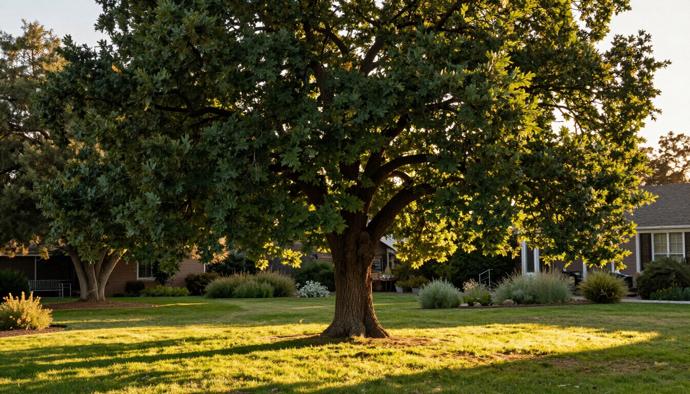 Lush green tree in a sunny Woodland, CA backyard during summer.