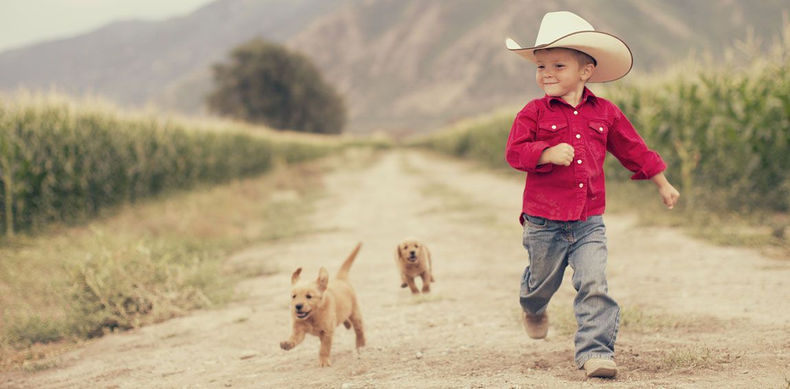 Child in a cowboy hat and red shirt running with two small dogs on a dirt path in a rural field