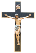 Crucifix with Jesus figure on a dark cross, arms outstretched against a plain background
