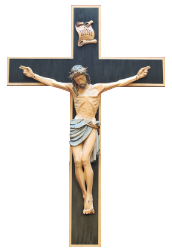 Crucifix with Jesus figure on a dark cross, arms outstretched against a plain background