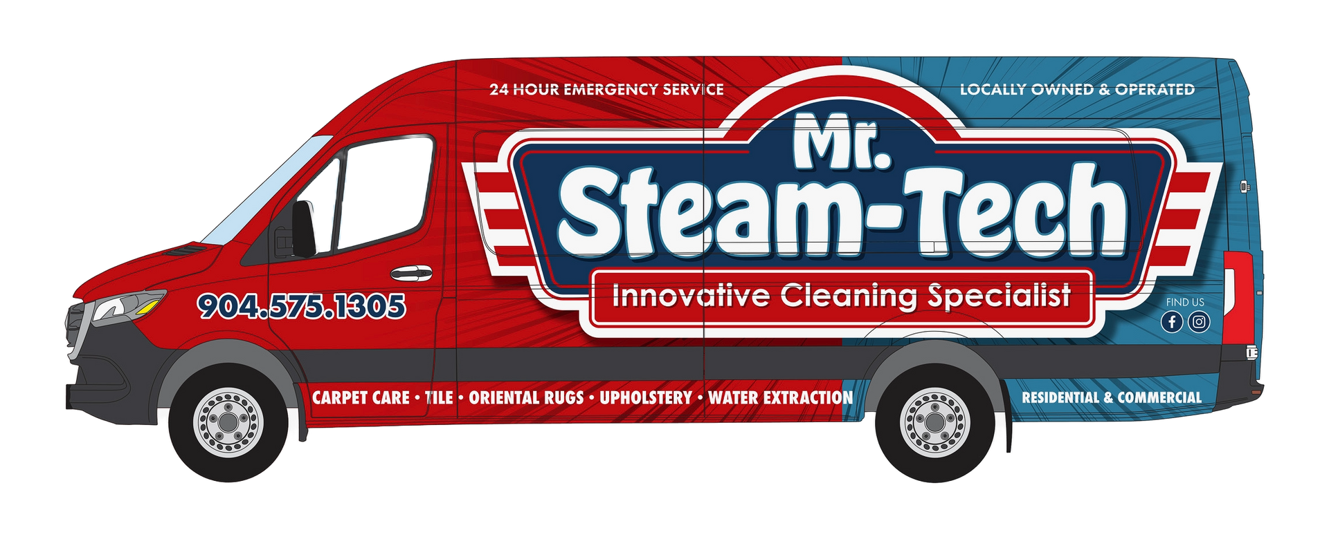 a red and blue van for mr. steam-tech innovative cleaning specialist