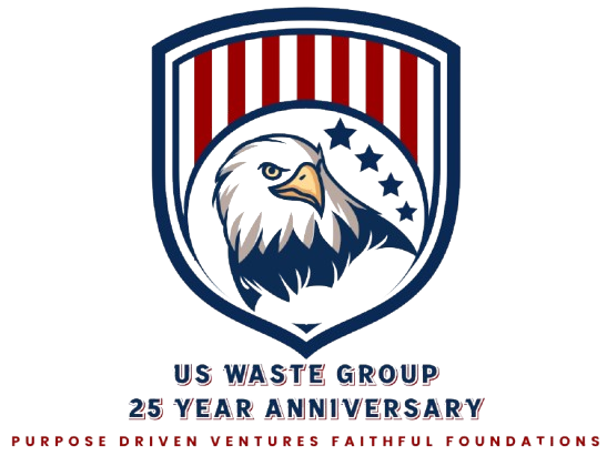 US Waste Group 25 year anniversary logo with eagle shield in red, white and blue