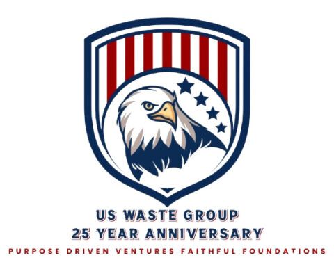US Waste Group 25th anniversary logo with eagle shield and red, white, and blue stripes