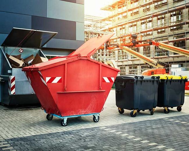 Red and black industrial dumpsters on a paved lot beside a building