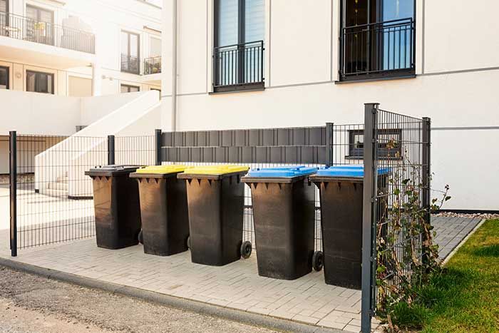 Row of black recycling bins with colored lids beside a fenced apartment courtyard