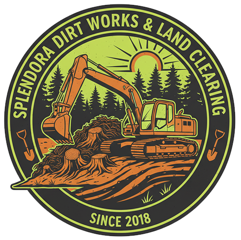 Logo for Splendora Dirt Works & Land Clearing, featuring an excavator, trees, and sun.