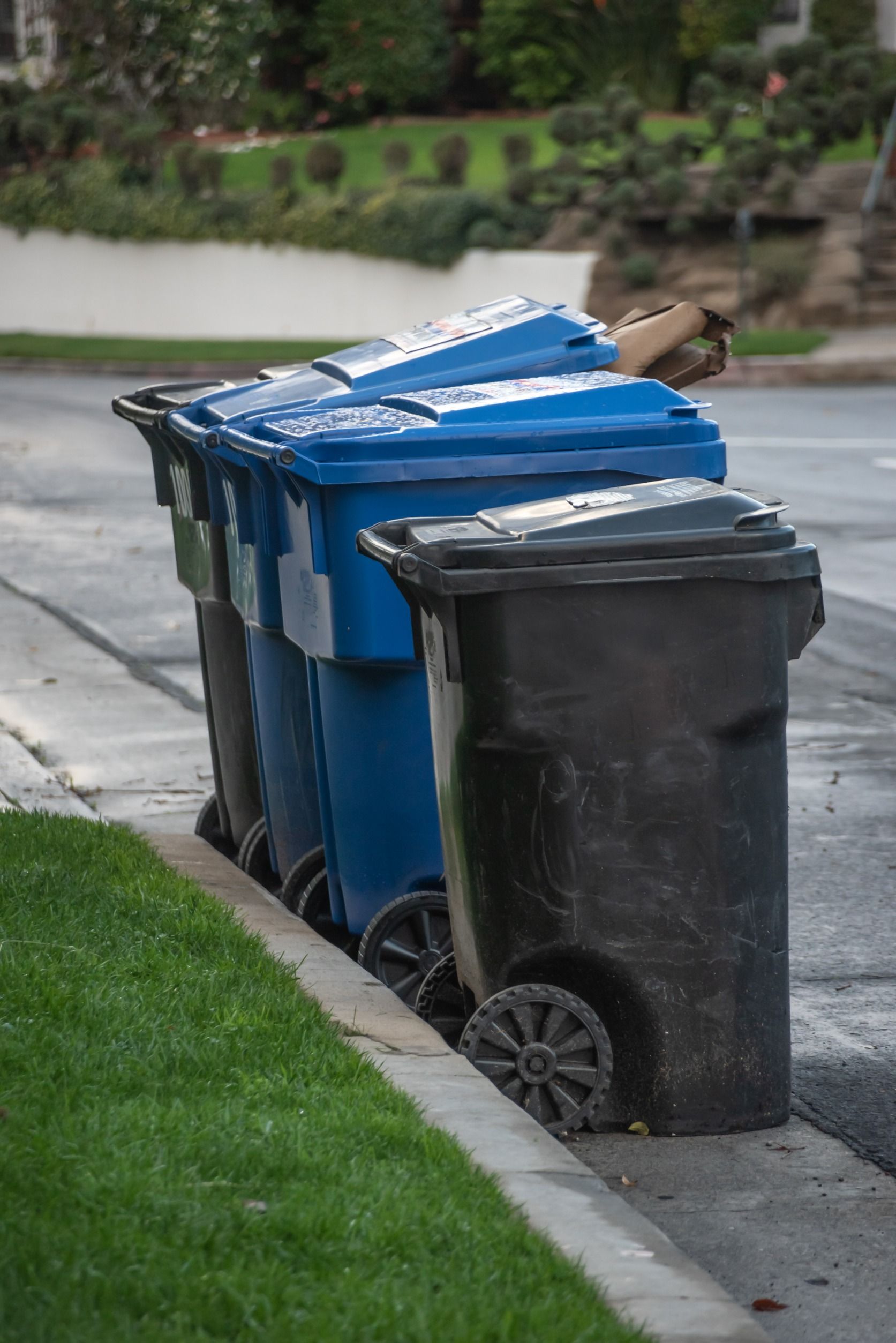 A row of trash cans are lined up on the side of the road.