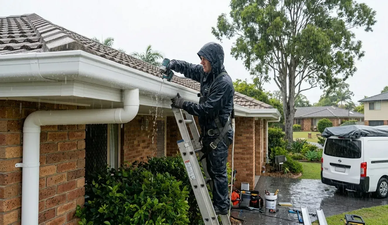 Technician repairing white gutters during rain on a ladder.