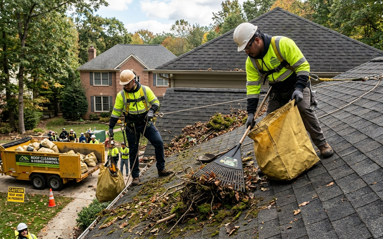 Crew on roof removing leaves and debris into collection bags.