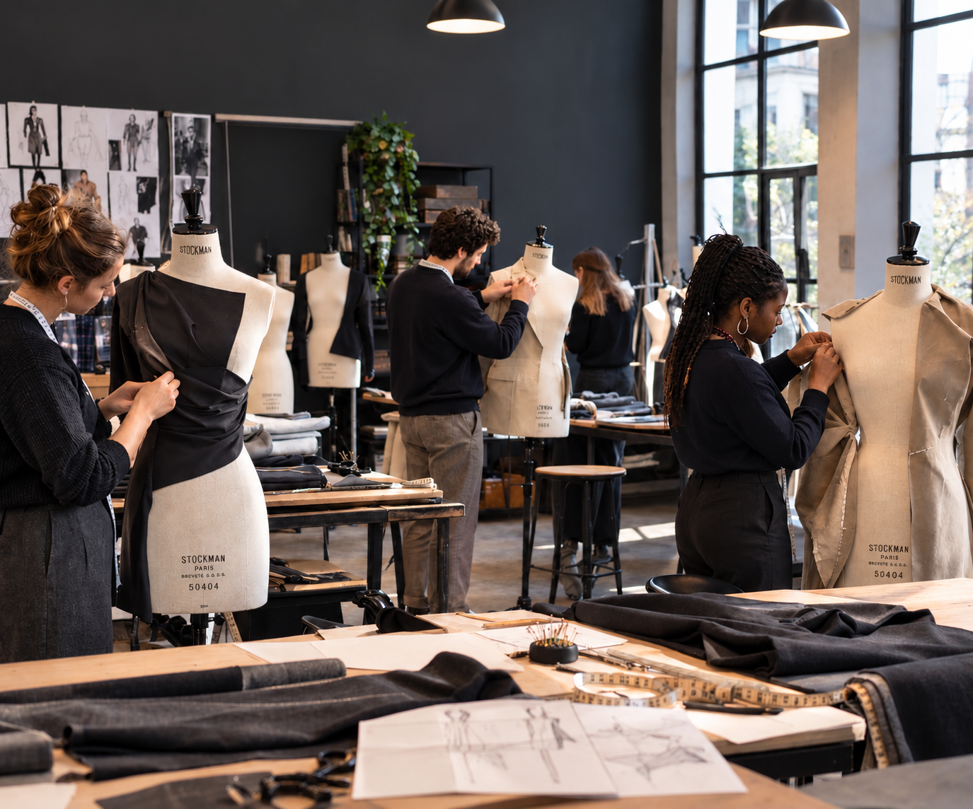 Studenten werken aan Stockman bustes in modeopleiding atelier