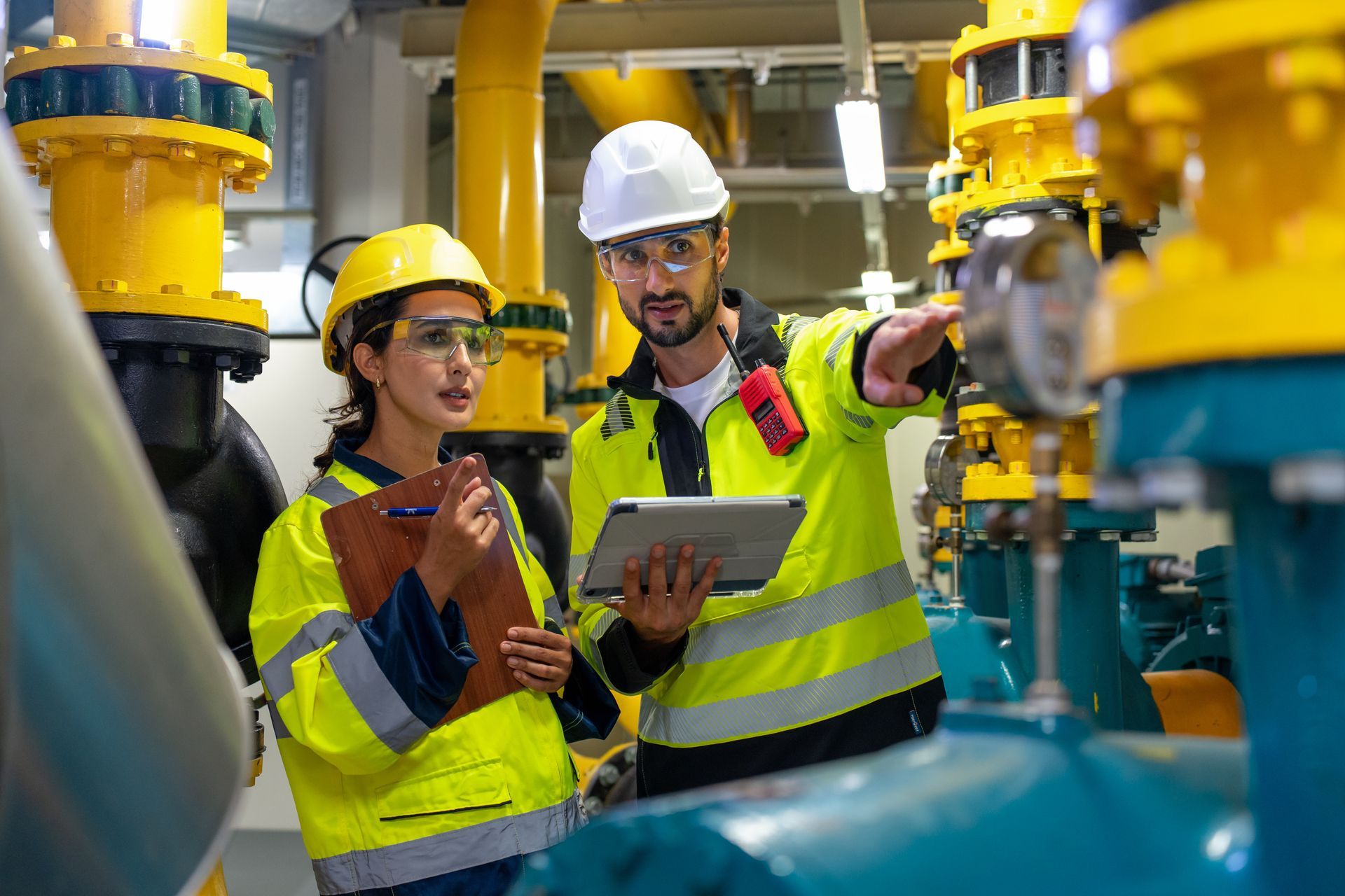 Two workers in hard hats and safety vests reviewing a tablet in an industrial plant.