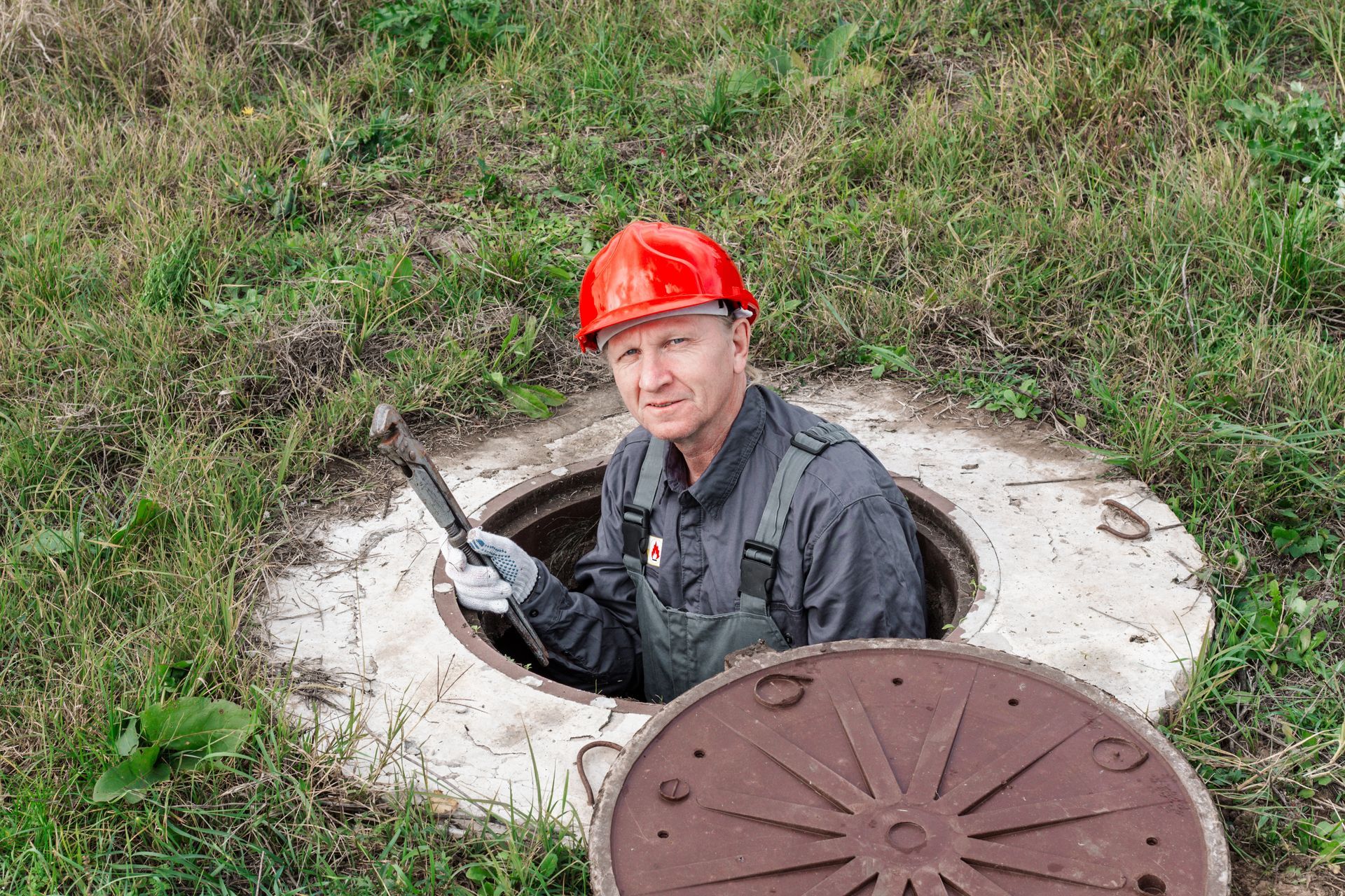 Worker in a red hard hat emerging from a manhole, holding a tool in a grassy area.