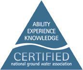 Blue certification logo with pyramid reading “Ability Experience Knowledge” and “Certified National Ground Water Association”