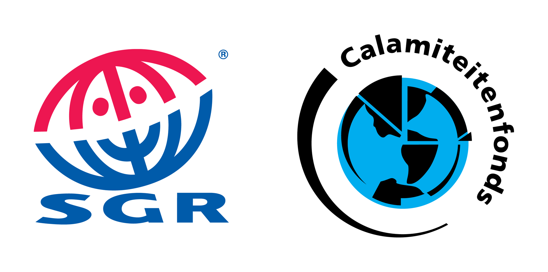 Logo's voor SGR en Calamiteitenfonds, met een globe-ontwerp in rood, blauw en zwart.