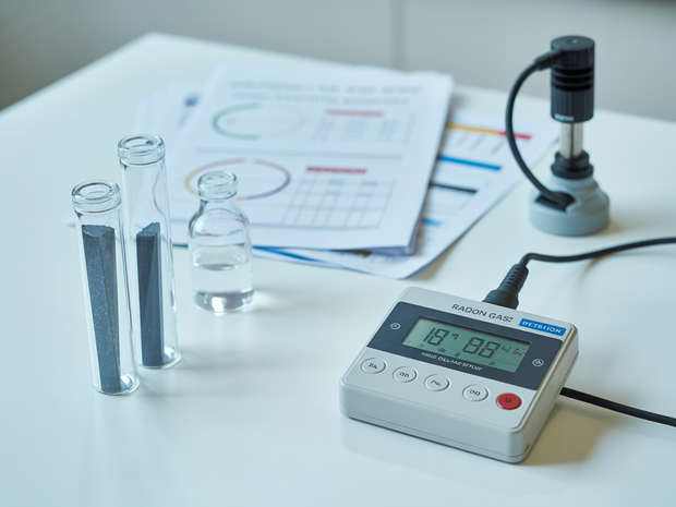Laboratory glassware and a digital meter on a desk, with a probe and papers in the background
