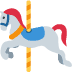 Blue carousel horse with red mane and tail on a striped pole, facing right.