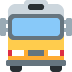 Front view of a gray bus with blue windows and yellow headlights icon