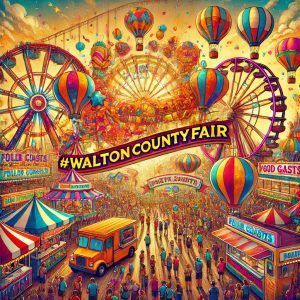 Colorful Walton County Fair with ferris wheel, hot air balloons, and a crowded festival midway