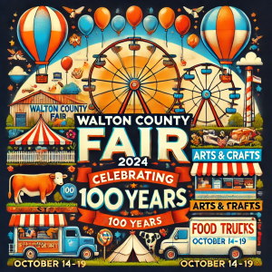Walton County Fair 2024 poster with Ferris wheel, hot air balloons, and arts, crafts, food trucks dates