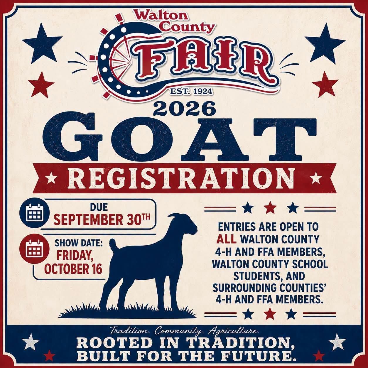 Walton County Fair 2026 goat registration flyer with black goat silhouette, dates, and entry details