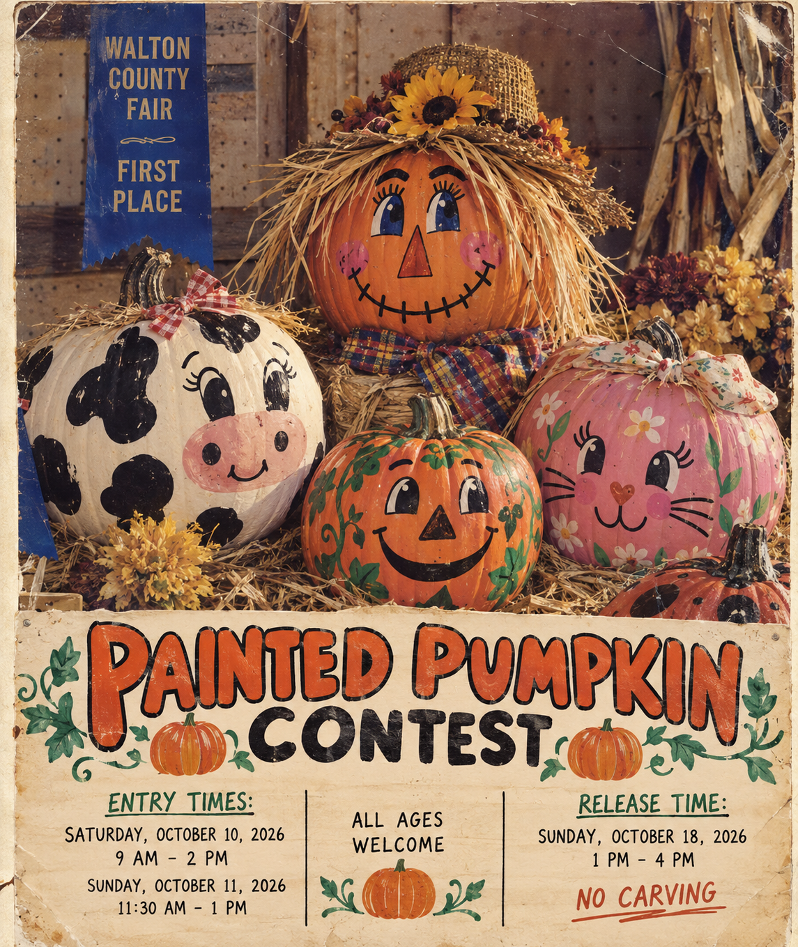 Handcrafts fair flyer with scissors, yarn, and fairground details; call for all ages to submit entries