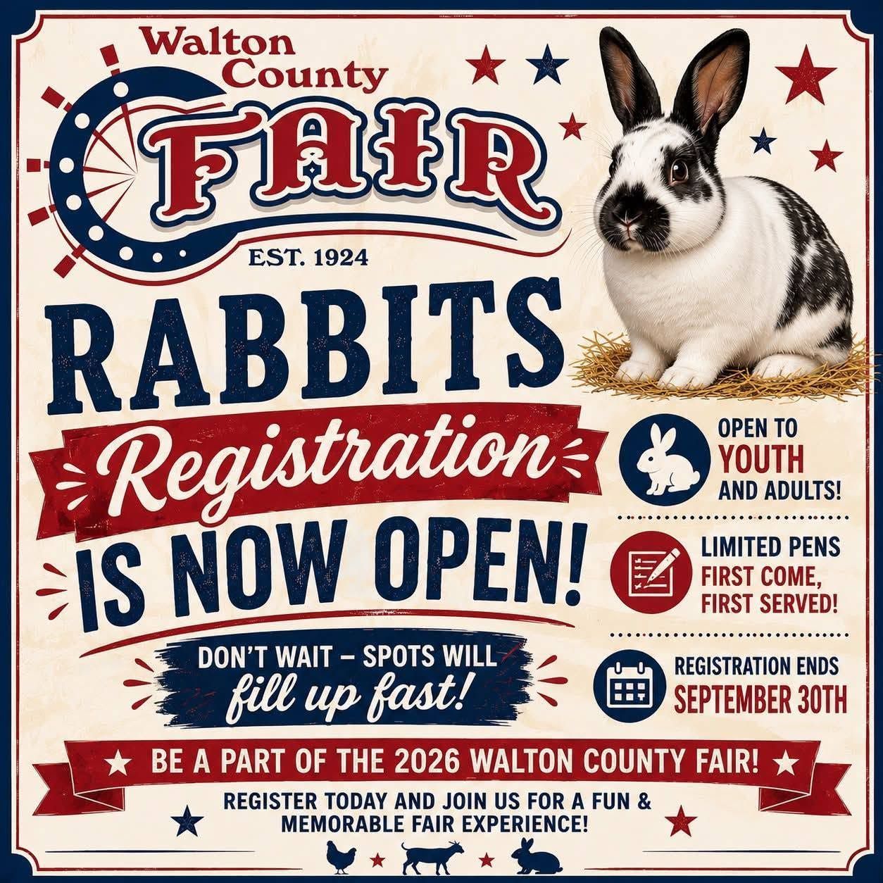 Walton County Fair rabbits registration poster with rabbit illustration, red and blue text, and event details