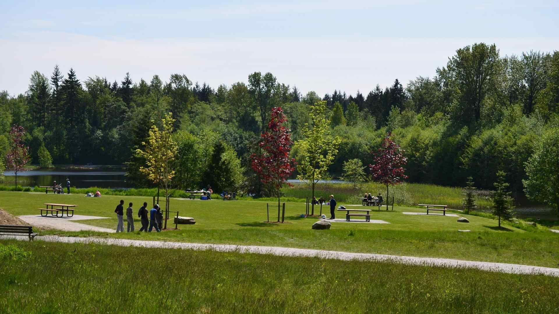 Park with people on benches and grassy field, surrounded by trees under a clear sky