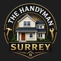 The Handyman Surrey logo with a house and gold tools on a black background