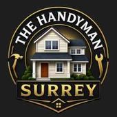 The Handyman Surrey logo with a house and gold tools on a black background
