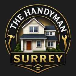 The Handyman Surrey logo with a house and gold tools on a black background
