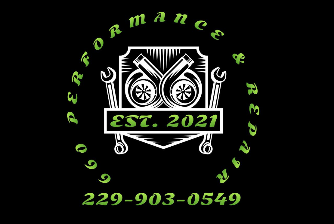 Logo for Go Go Performance & Repair. Black background, green text, wrench, and turbo graphics. Established 2021.