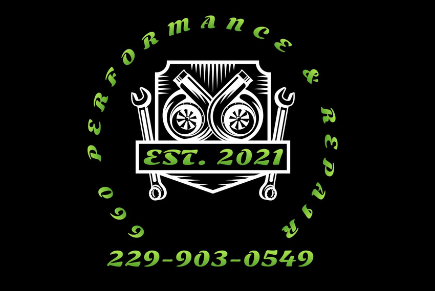 Logo for 660 Performance & Repair: featuring twin turbochargers, tools, and phone number. Green and white on black.