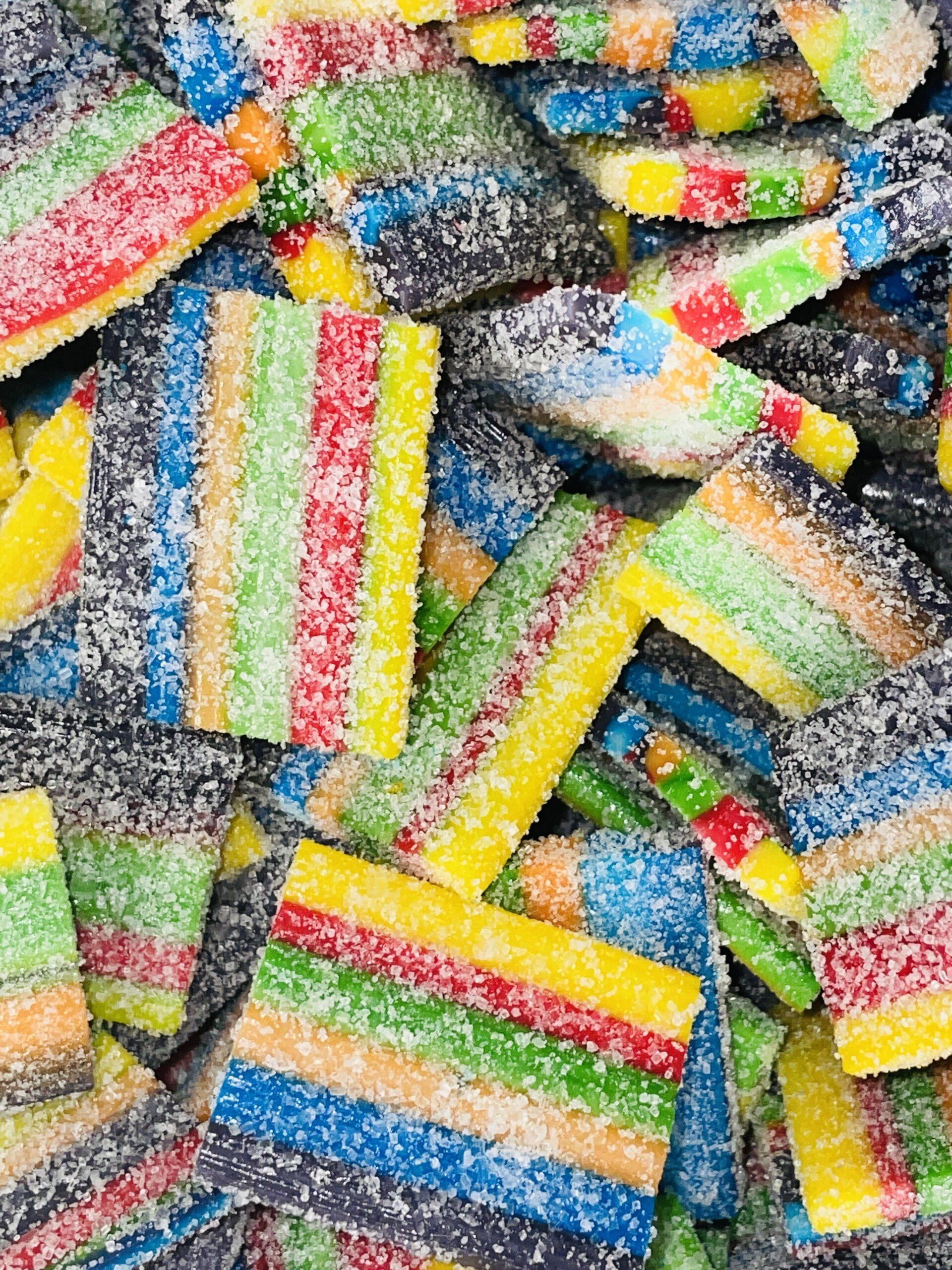 A close up of a pile of colorful candy.
