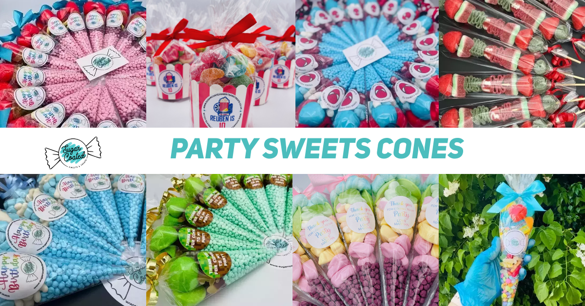 Party sweets cones arranged in various colors with ribbon ties.