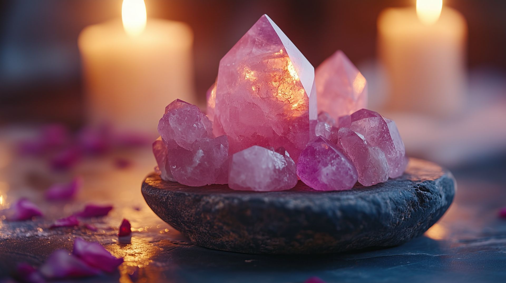 Pink crystals in a dark bowl with warm candlelight and purple petals in the background