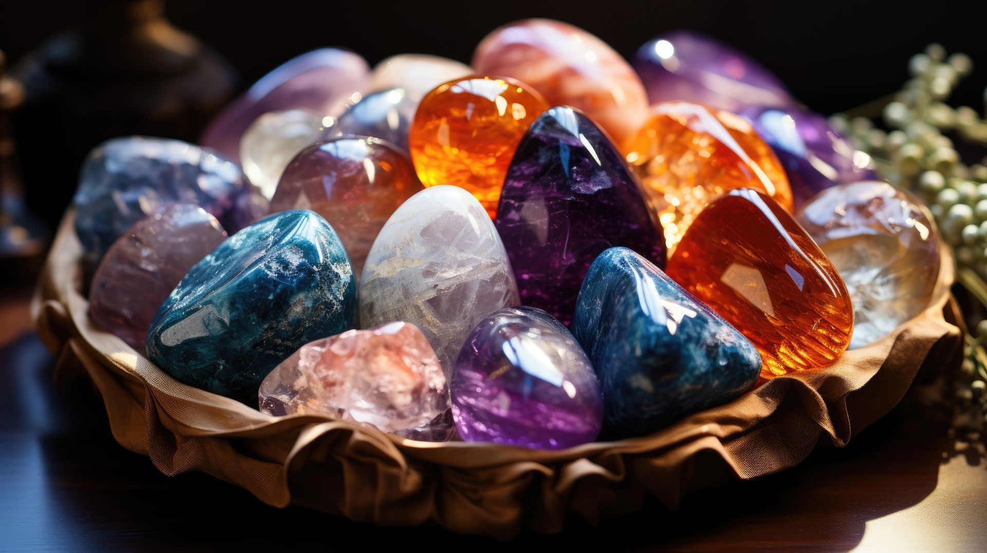 A wooden bowl filled with colorful polished gemstones, lit warmly against a dark background