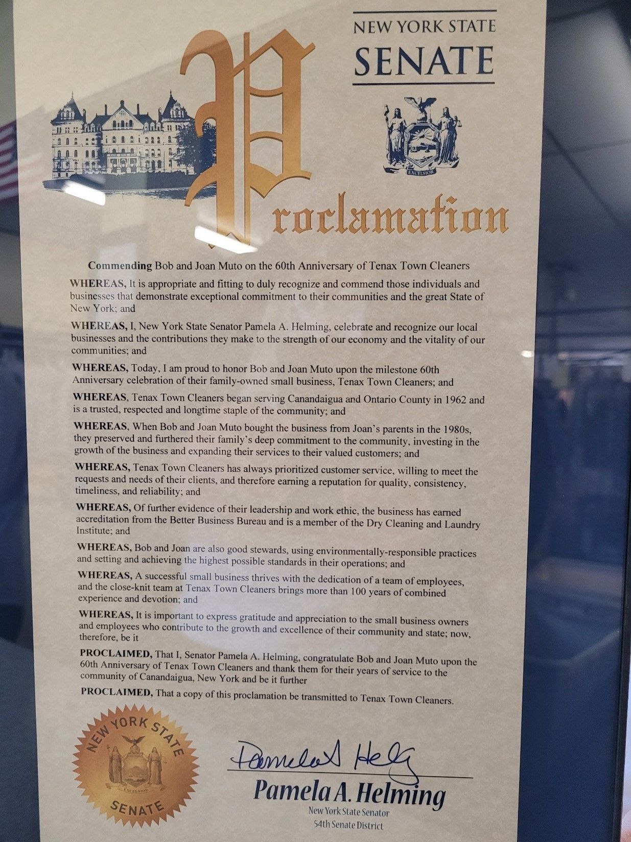 New York State Senate Proclamation | Canandaigua, NY | Tenax Town Cleaners New York State Senate Proclamation | Canandaigua, NY | Tenax Town Cleaners