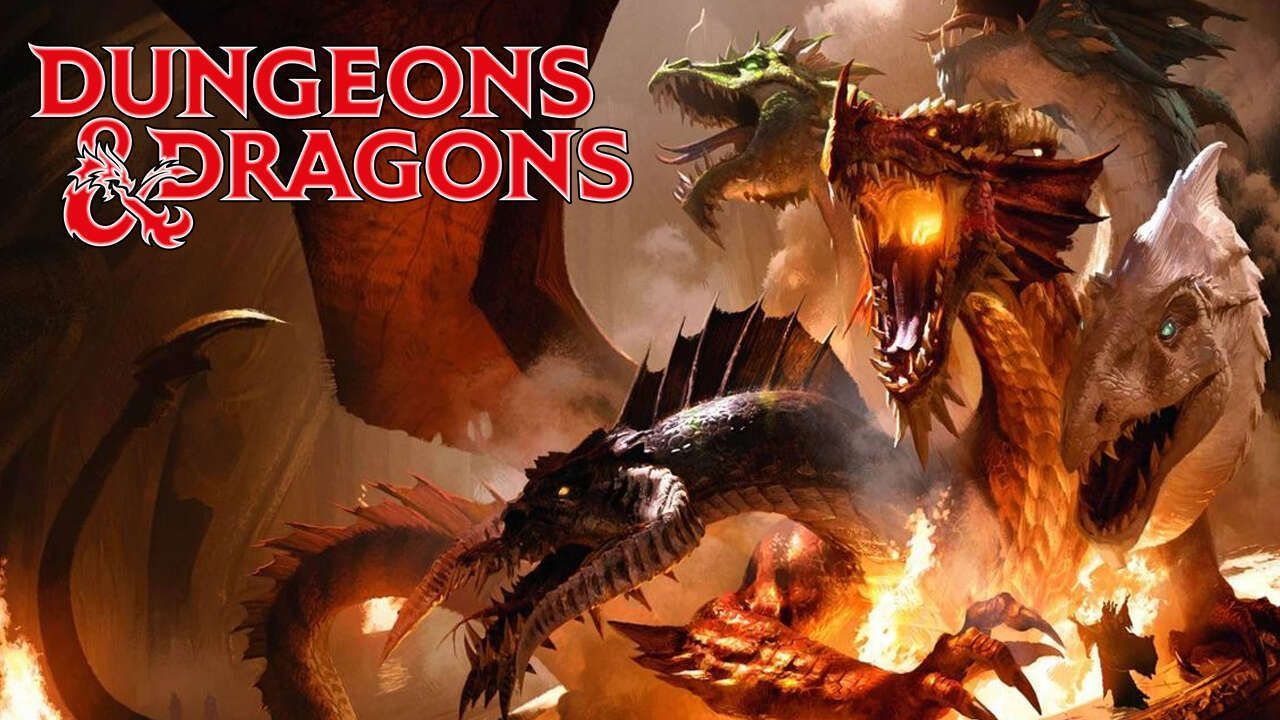 Dungeons & Dragons logo over a dramatic painting of Tiamat, the five-headed chromatic dragon, amidst flames.