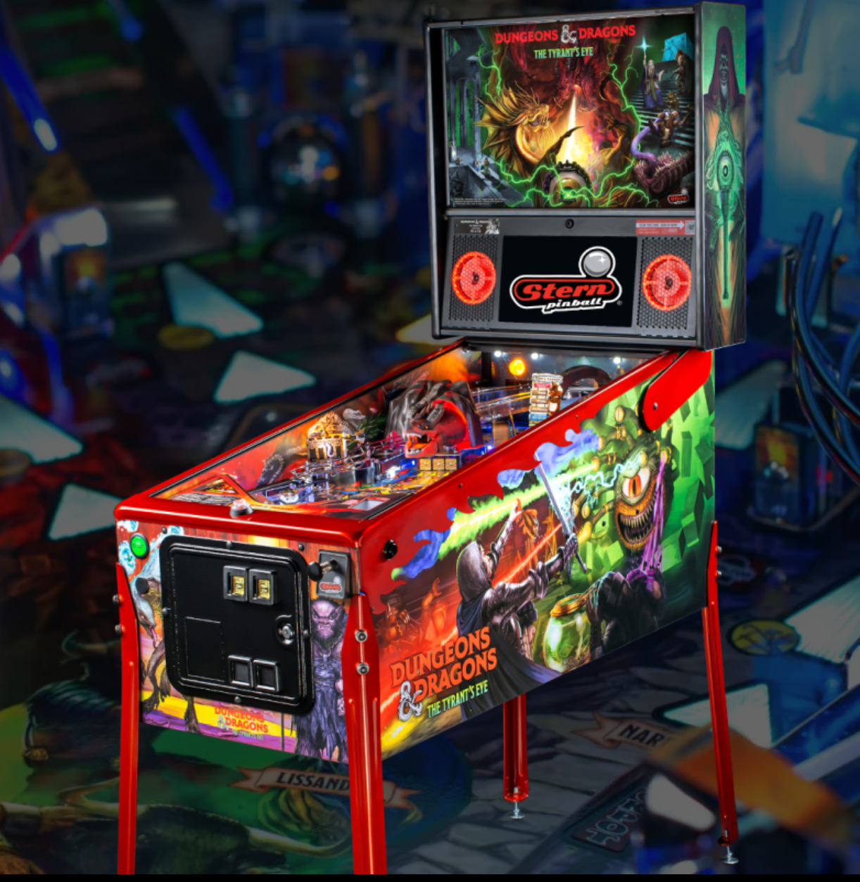 A red Dungeons & Dragons Stern pinball machine stands in a dark arcade, featuring vibrant fantasy artwork on its cabinet.